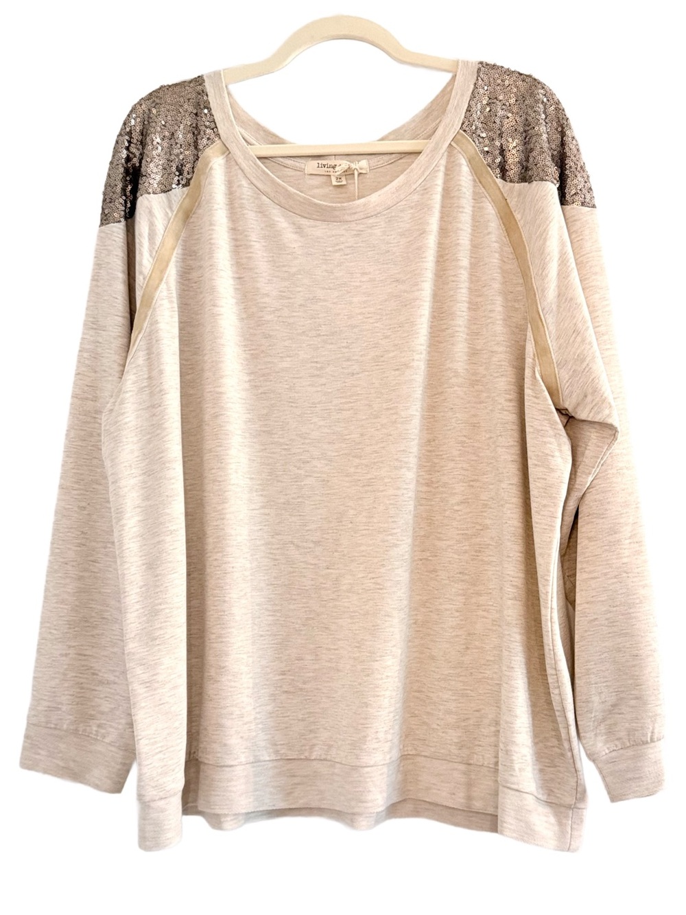 Living Doll Cream Pullover with Sequin Shoulder Accents 2X
